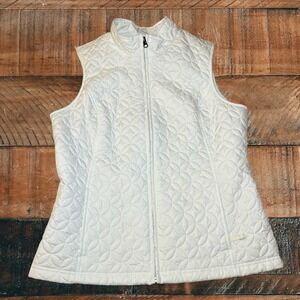 EDDIE BAUER Full Zip Mock Neck White Floral Print Puffer Vest Women's Size M